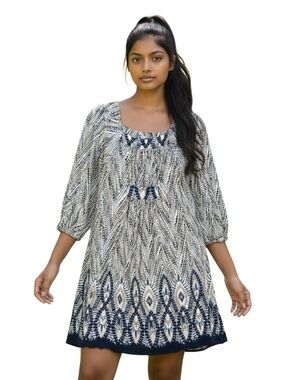 Anna Sui Ikat Geometric Dot 3/4 Sleeve Shift Dress size M